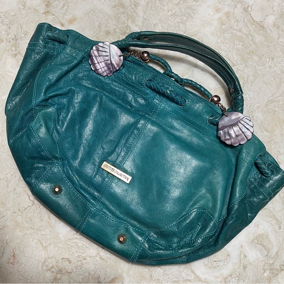 La Gioe di Toscana Turquoise Green Leather Shoulder Bag Carved Shell Accents - Picture 3 of 6